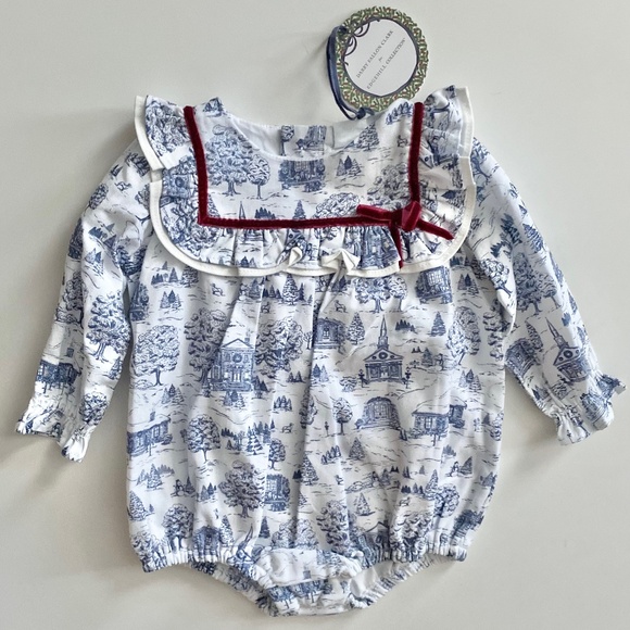 Edgehill Collection x Darby Fallon Clark Ansley Blue Toile Romper Set Baby Girls - Picture 1 of 4